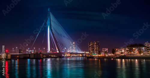 Rotterdam skyline with Erasmus bridge at twilight as seen from the Euromast tower, The Netherlands