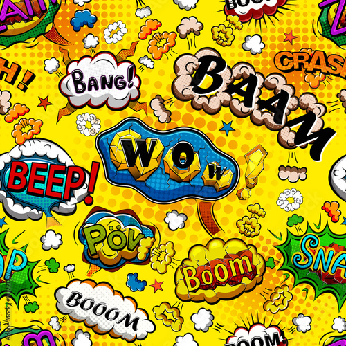 Comic speech bubbles seamless pattern with yellow background vector