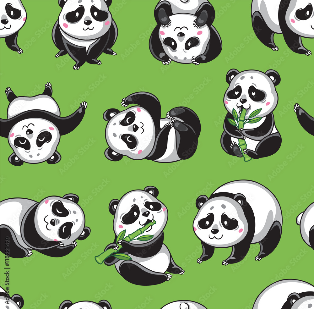 Obraz premium Vector seamless pattern with cartoon pandas