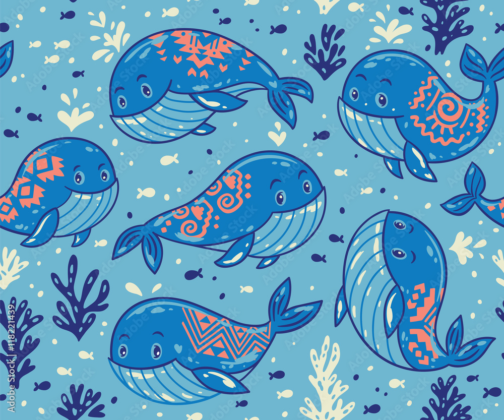 Seamless whale pattern with tribal ornament
