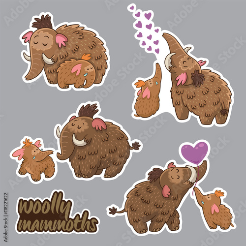 Collection of stickers with woolly mmammoths