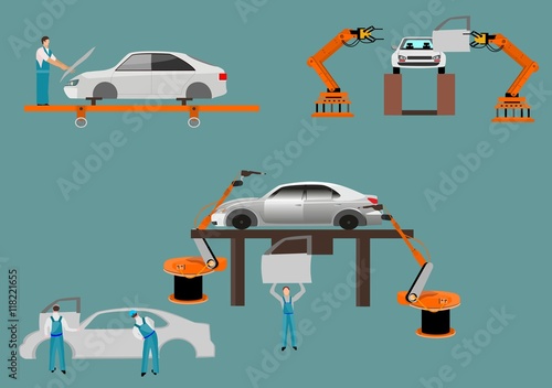 Flat design scenes presents workers in autoplant vector illustration.