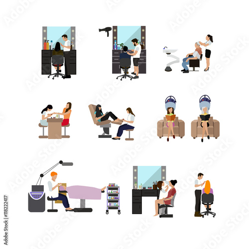 Vector set of beauty salon people isolated on white background. Haircut, manicure and make up atelier.