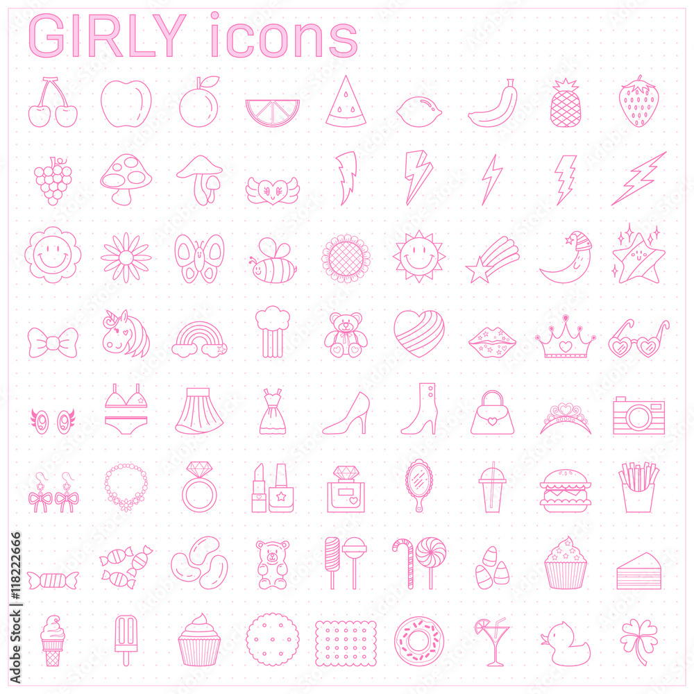 girly line icon set pink stamp