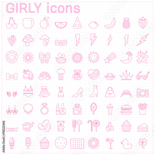 girly line icon set pink stamp
