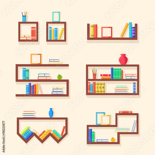 Set of bookshelves. Paper books. Vector flat illustration