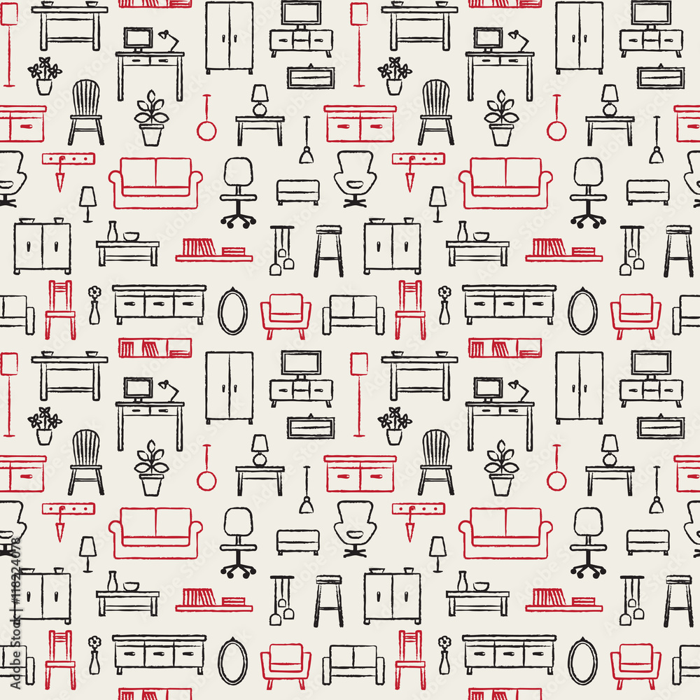 Vector seamless pattern background with hand drawn home furniture outline icons 6