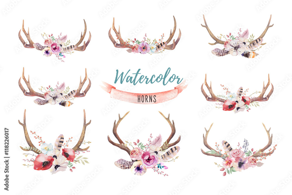Obraz Set of watercolor floral boho antler print. western bohemian de
