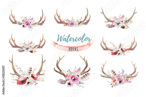 Obraz na płótnie Set of watercolor floral boho antler print. western bohemian de