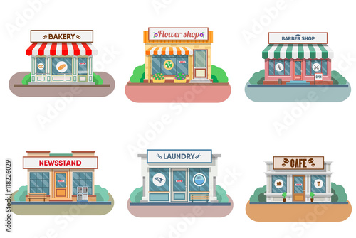 Flower shop, laundry, barber , bakery, newsstand, cafe facade in the town.