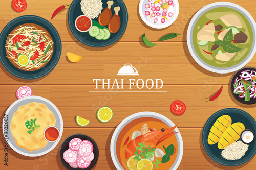 thai food on a wooden background.Vector thai food top view