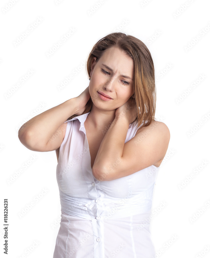 Beautiful young woman is experiencing pain in the neck. The emotions of the sick person. Beautiful young woman is experiencing pain in the neck. The emotions of the sick person.