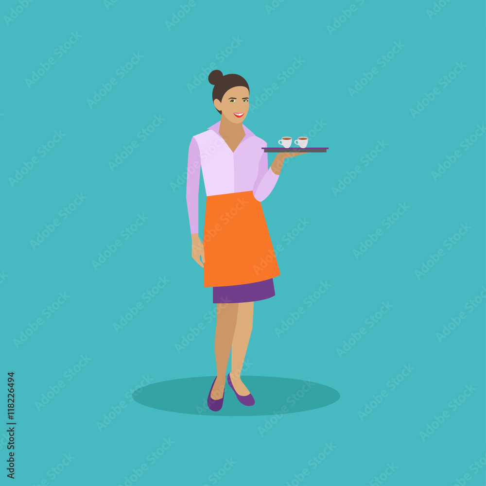 Waitress holds a tray with coffee cups. Cafe concept vector illustration in flat style design Waitress holds a tray with coffee cups. Cafe concept vector illustration in flat style design