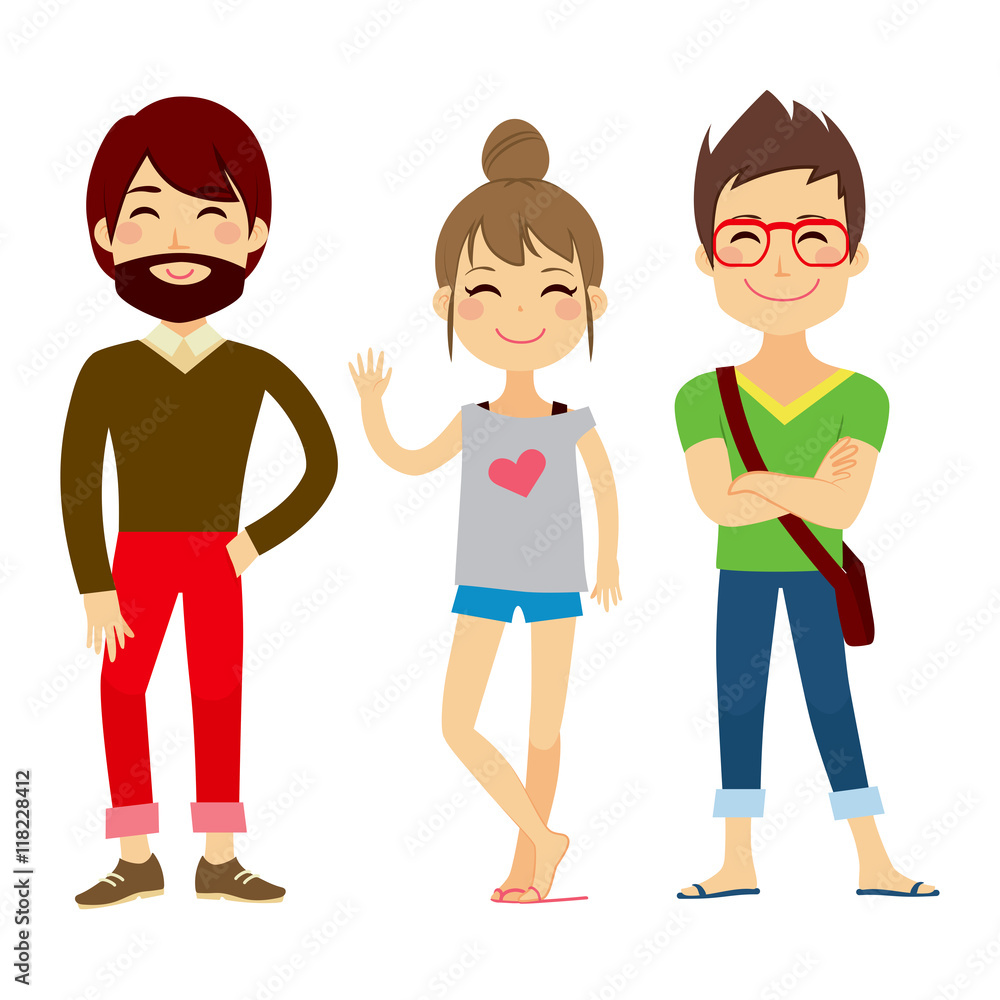 Illustration of three young people characters wearing casual clothes Stock  Vector | Adobe Stock