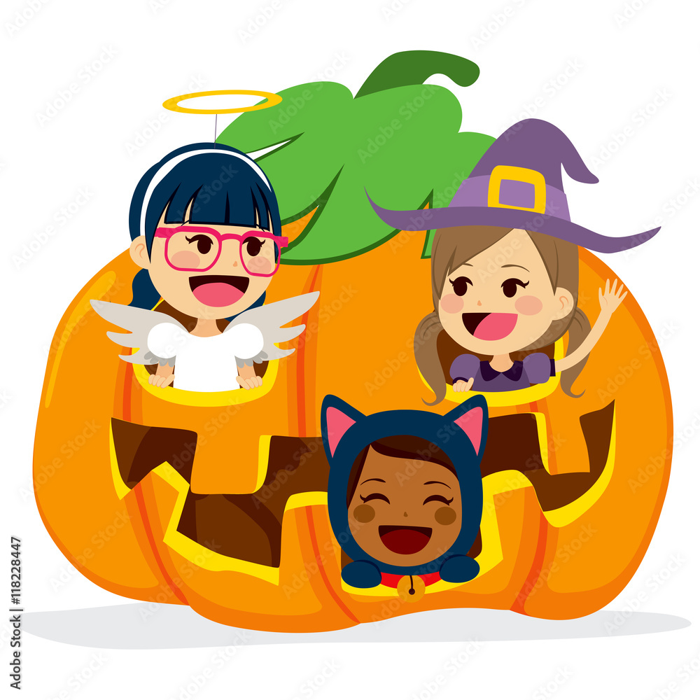 Cute little friends children inside big Halloween pumpkin Cute little friends children inside big Halloween pumpkin