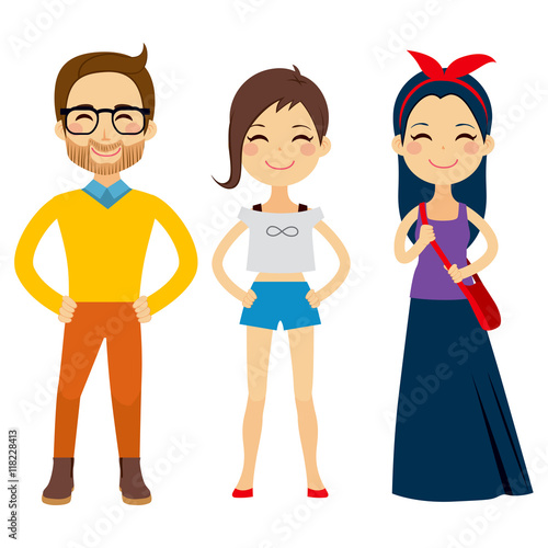 Illustration of three young people characters wearing hipster clothes