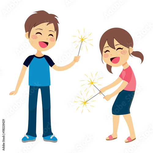 Cute children boy and girl playing with sparkler fireworks