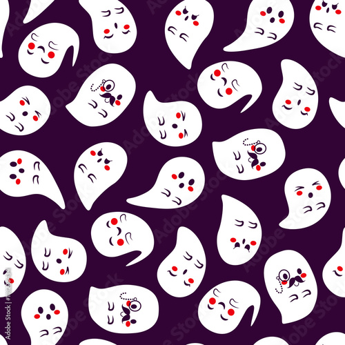 Cute Halloween ghosts characters seamless pattern on purple background