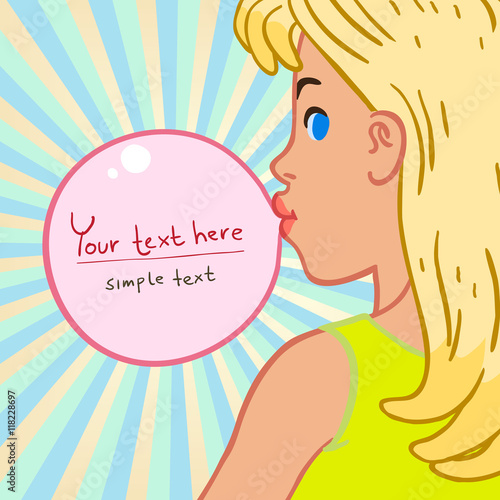 Vector illustration background with girl inflates bubble of chewing gum in retro style.