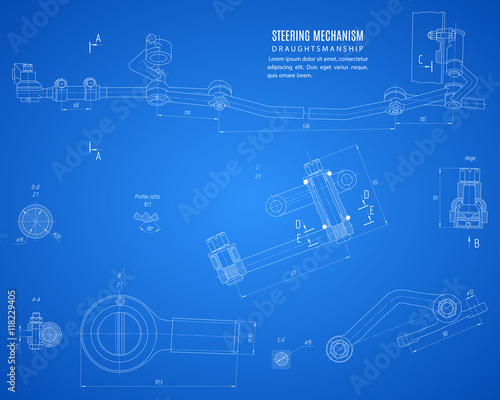 blueprint of steering mechanism, project technical drawing on the blue background. stock vector illustration eps10