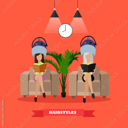 Beauty salon vector concept banners. Women in studio drying hair illustration in flat cartoon style