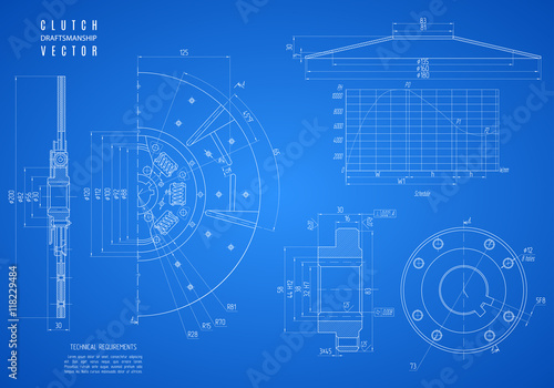 blueprint of clutch, project technical drawing on the blue background. stock vector illustration eps10