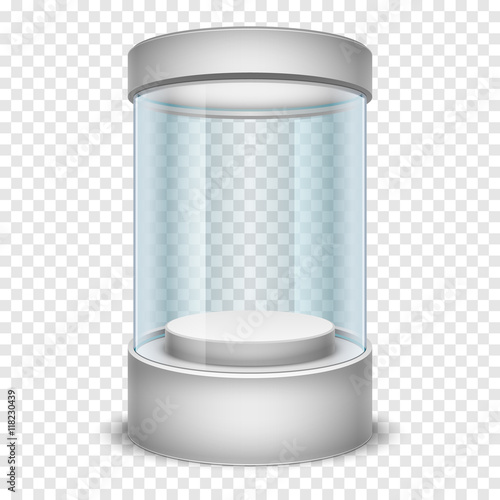 Empty glass shop cylinder showcase, display box on transparent background vector illustration
