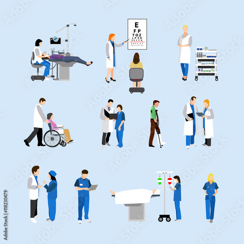 Vector set of doctors and patients in hospital. Illustration with medical workers isolated objects.