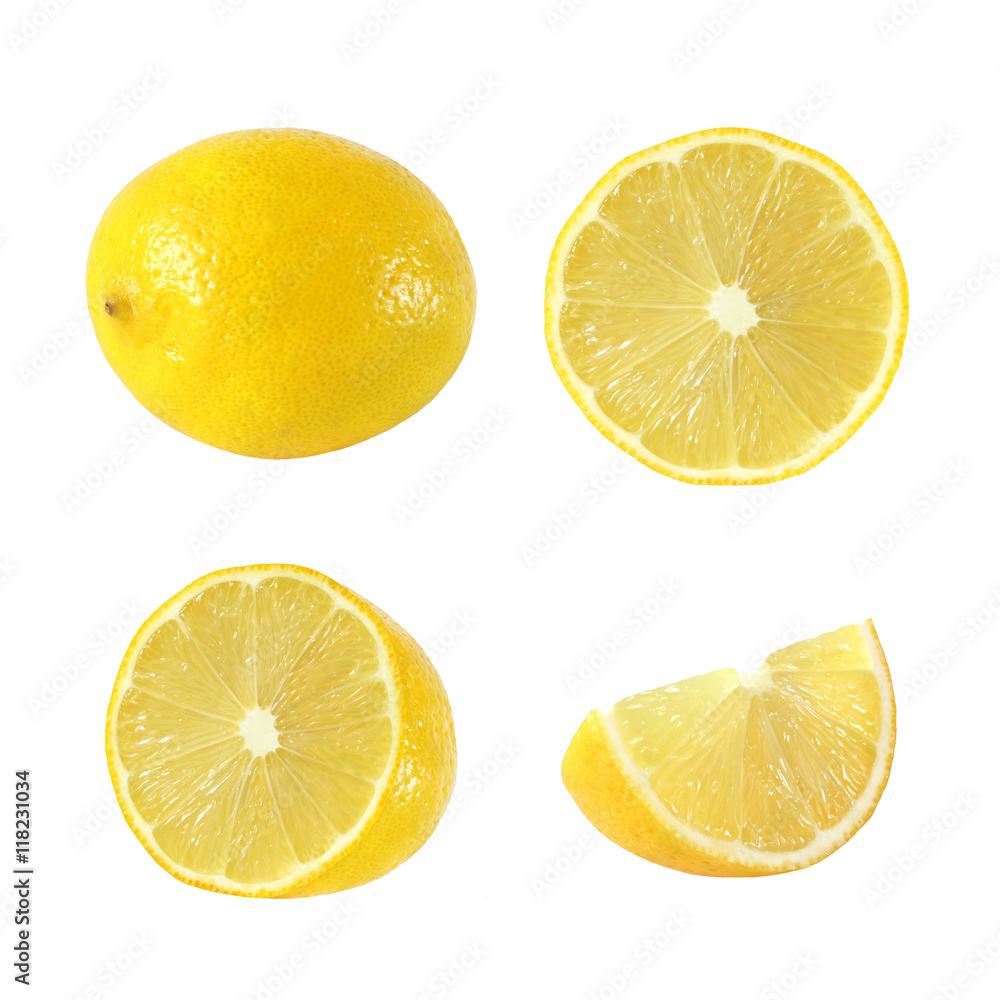 Collection of whole and cut lemon fruits isolated on white backg Collection of whole and cut lemon fruits isolated on white backg