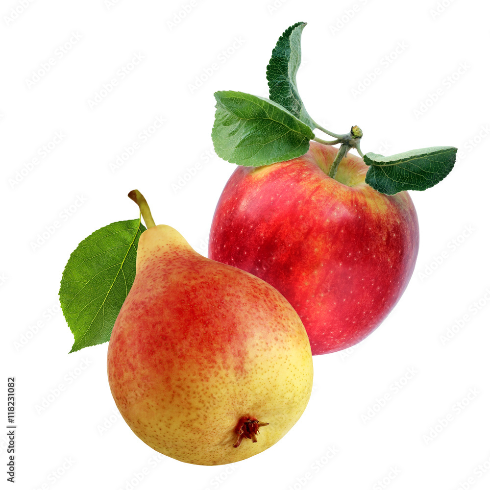 Red Apple and yellow pear isolated on white. Red Apple and yellow pear isolated on white.