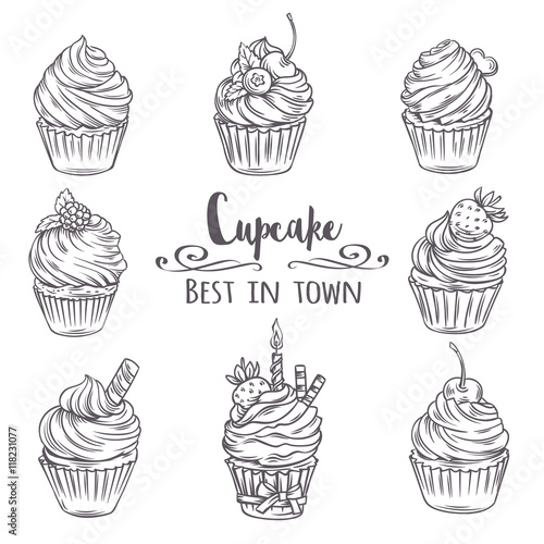 Set decorative hand drawn cupcakes.