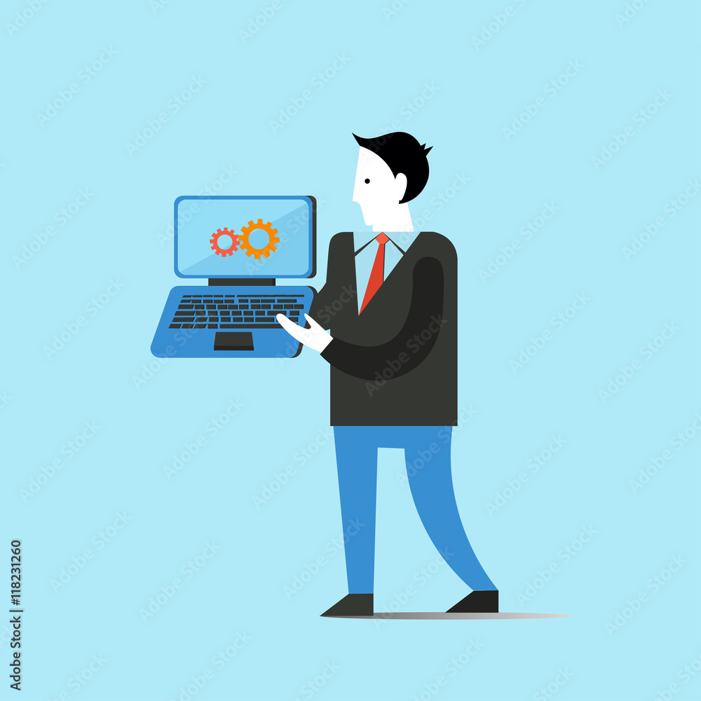 Business man holds laptop concept vector illustration