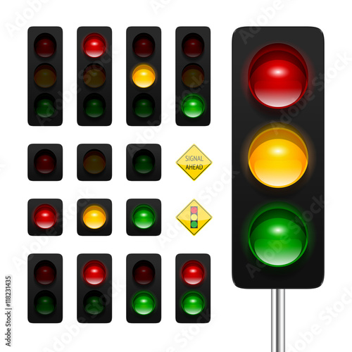 Vector traffic lights icon set. High quality three aspects, dual aspects and single aspects traffic signals icons isolated on white background. Traffic lights ahead and signal ahead road signs.