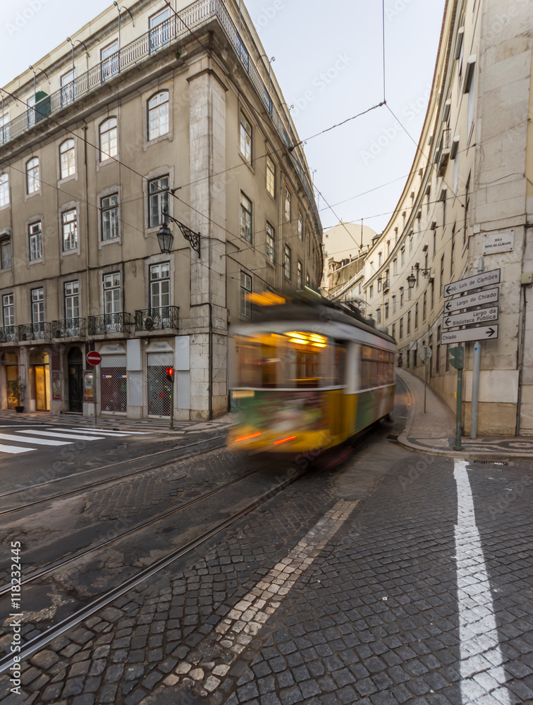 Yellow tram in Lisbon city center
