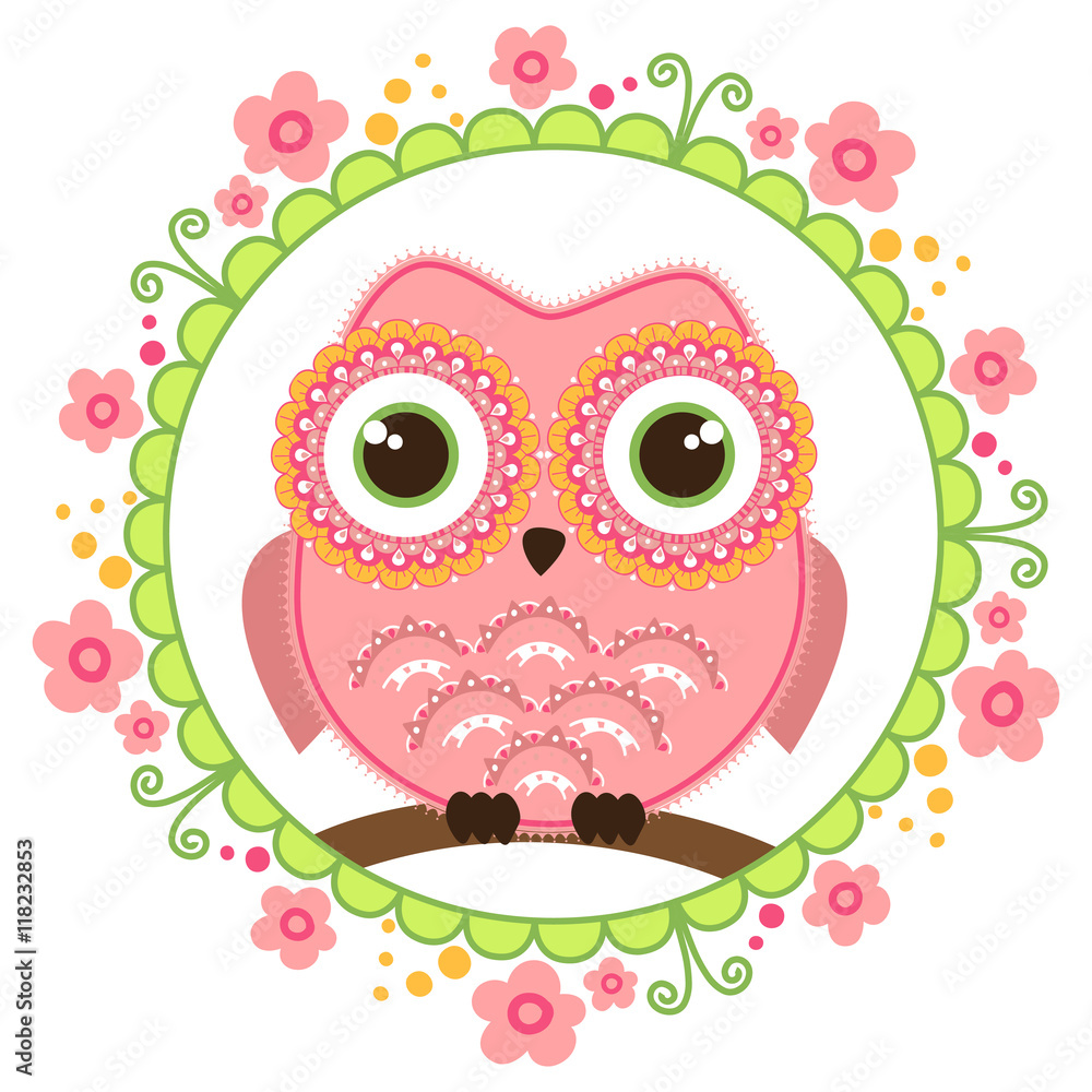 Cute cartoon owl sitting on a branch into floral round decoration. Childish card in pink colors