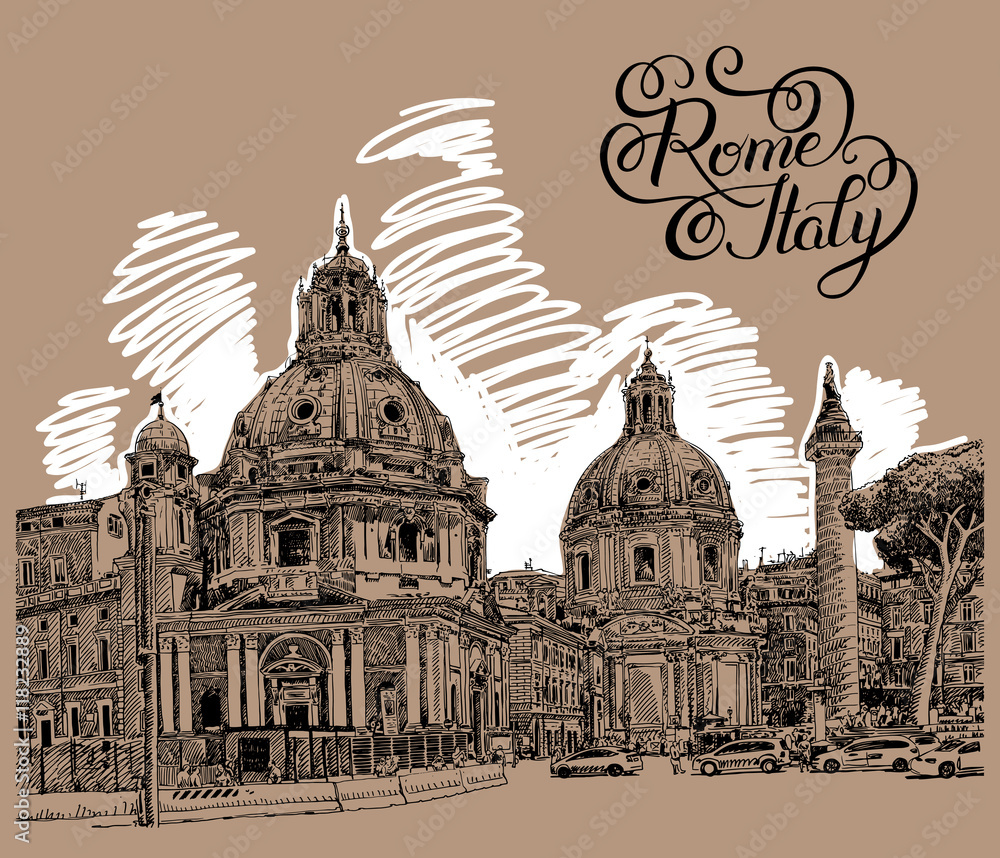 Obraz premium original digital drawing of Rome Italy cityscape with lettering 