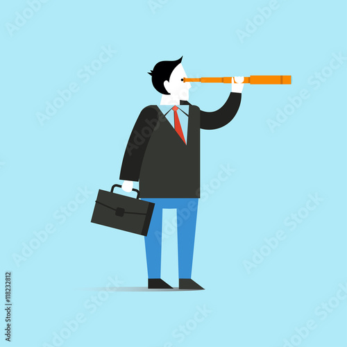Businessman look through spyglass vector illustration in flat style design. Creative business vision