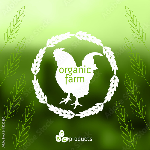 Organic farm labels with cock, eggs and ears of wheat. Eco products concept