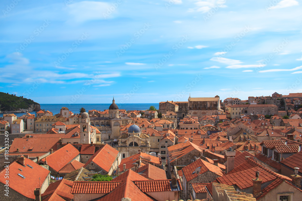 Top view of the orange tile roofs and the sea in the Italian style in Dubrovnik, Croatia
