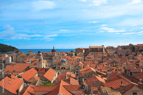 Top view of the orange tile roofs and the sea in the Italian style in Dubrovnik, Croatia