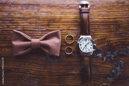 Groom wedding details: bow tie and watch