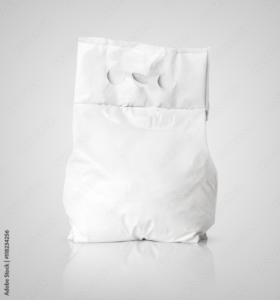 White blank washing powder bag package on gray