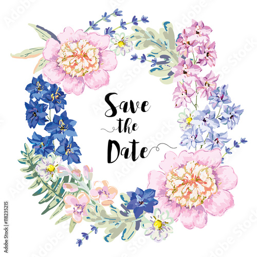 Floral wreath. Summer garden flowers peony, delphinium, daisy, gillyflower. Vector illustration. Wedding card Save the Date. Pink, blue, serenity.