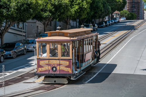 San Francisco, California, USA - APRIL 24, 2016:  Cable car at California street, documentary editorial.