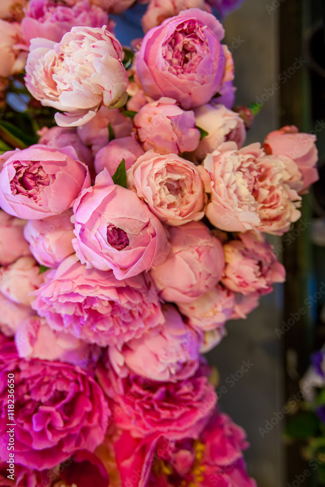 Bouquet of peony flowers on the farmers Pike  market, shallow depth of field