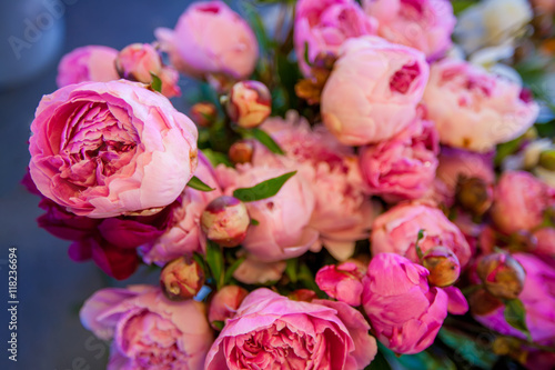 Bouquet of peony flowers on the farmers Pike  market, shallow depth of field