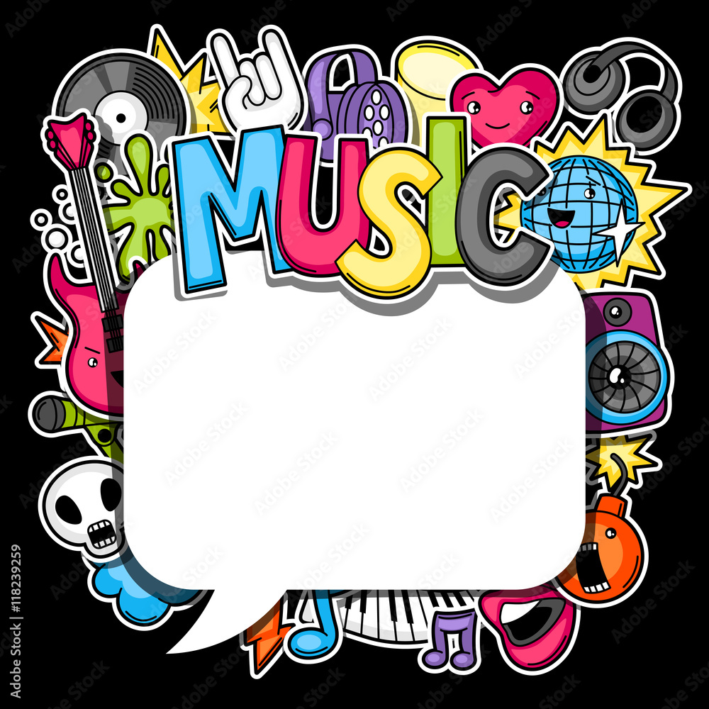 Obraz premium Music party kawaii background. Musical instruments, symbols and objects in cartoon style
