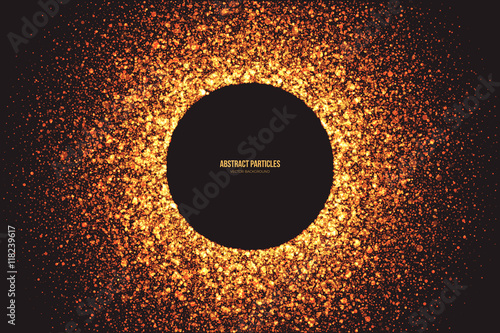 Abstract bright golden shimmer glowing round particles vector background. Scatter shine tinsel light explosion effect. Burning sparks. Celebration, holidays and party illustration