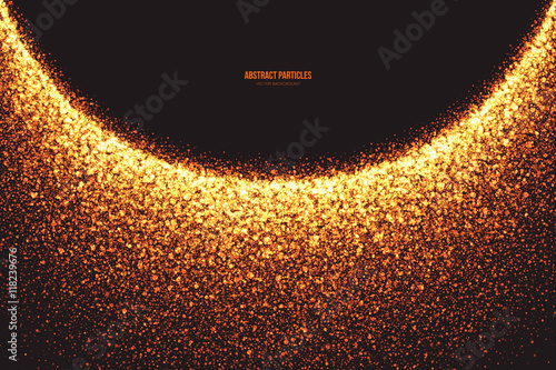 Abstract bright golden shimmer glowing round particles vector background. Scatter shine tinsel light explosion effect. Burning sparks. Celebration, holidays and party illustration
