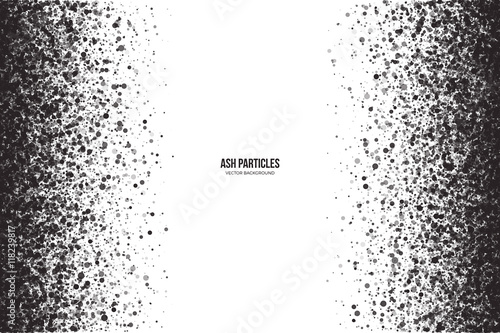 Abstract vector dark gray round ash particles on white background. Spray effect. Scatter falling black drops. Hand made grunge texture